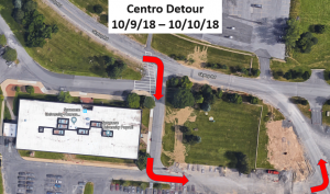 Map of the Centro shuttle detour at the Skytop office building. The shuttle will turn right into the parking area and will pick up and drop off at the entrance on the East side of the building and will continue on until it turns left onto Skytop Road.