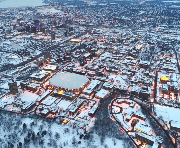 Overhead view of the Syracuse University campus and the city of Syracuse
